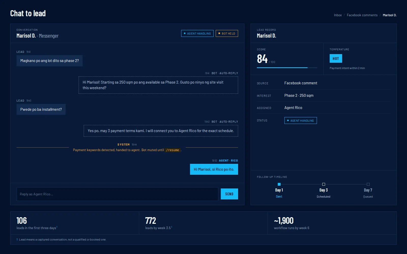 A messenger thread beside a lead record, showing a bot handing the conversation to a human agent, sample data.